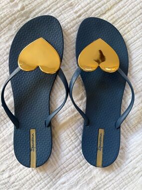 Ipanema Navy Sandals with Gold Heart Detail